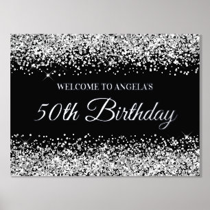 Silver Glitter op Black 50th Birthday Welcome Folie Afdrukken