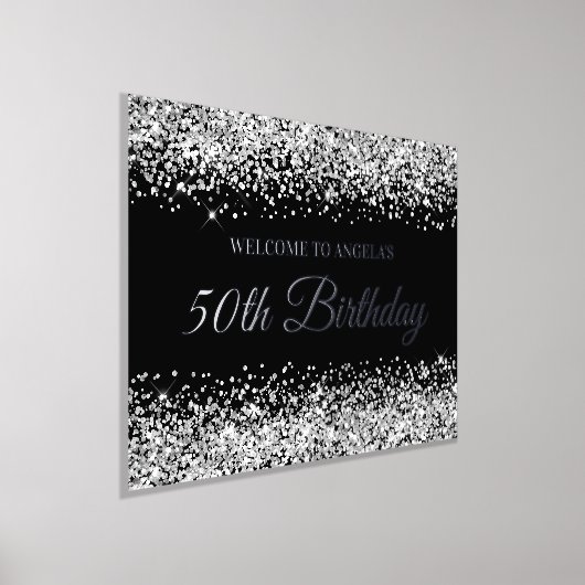 Silver Glitter op Black 50th Birthday Welcome Folie Afdrukken (Laagn)