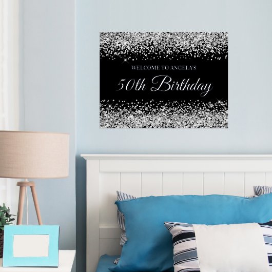 Silver Glitter op Black 50th Birthday Welcome Folie Afdrukken (Insitu (Slaapkamer))