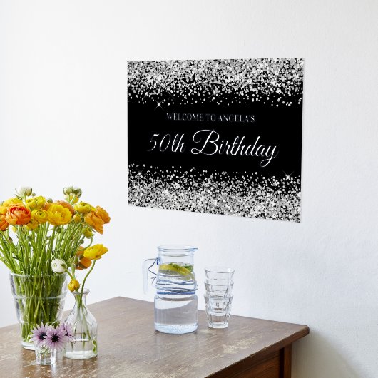 Silver Glitter op Black 50th Birthday Welcome Folie Afdrukken (Laag (Keuken))
