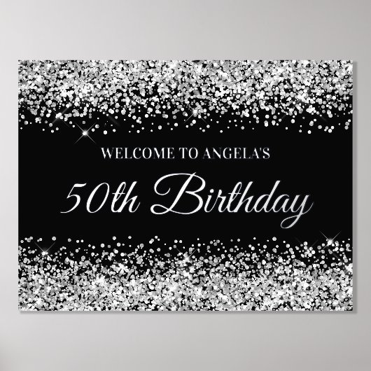 Silver Glitter op Black 50th Birthday Welcome Folie Afdrukken (Voorkant)