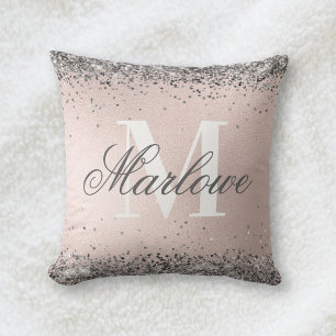 Silver Glitter op Blush Pink Monogram Kussen