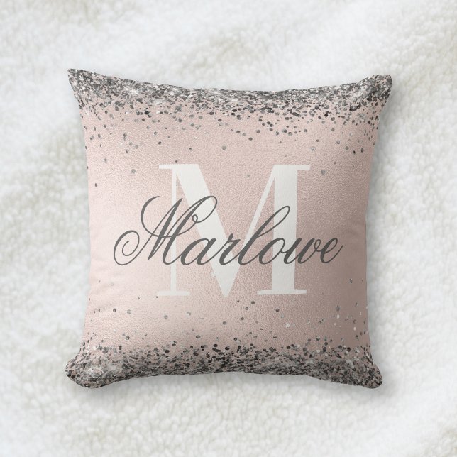 Silver Glitter op Blush Pink Monogram Kussen (Creator heeft geüpload)