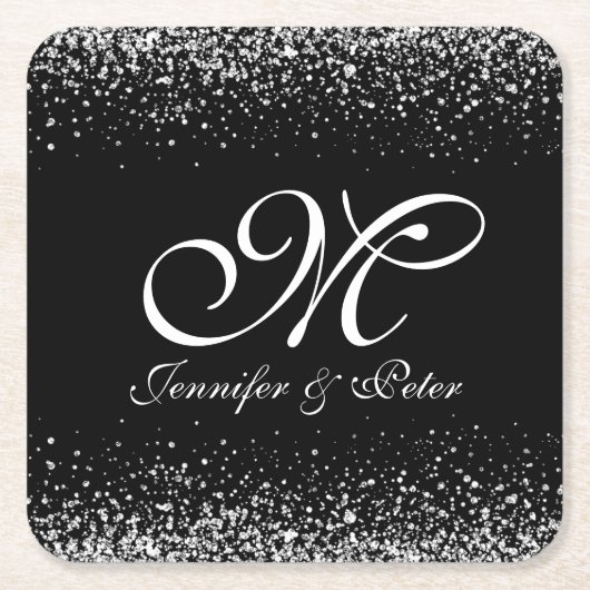 Silver Glitter op zwart Kartonnen Onderzetters (Voorkant)