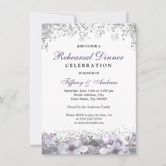 Silver Glitter Paars Floral Rehearsal Dinner Kaart (Voorkant)