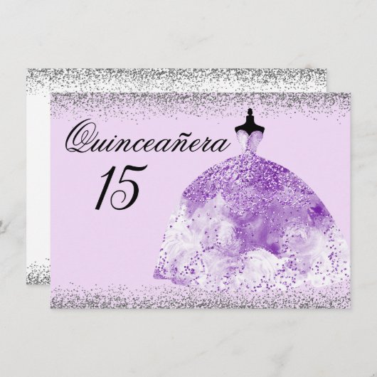 Silver Glitter Paars Gown Quinceanera-uitnodiging Kaart (Voorkant / Achterkant)