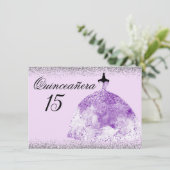 Silver Glitter Paars Gown Quinceanera-uitnodiging Kaart (Staand voorkant)