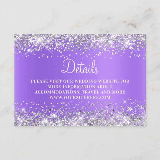Silver Glitter Paars Lavender Weddenschap Details Informatiekaartje (Voorkant)