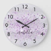 Silver glitter paars name script grote klok (Voorkant)