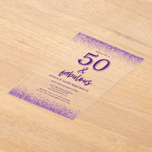 Silver Glitter Paarse 50e verjaardagsfeestje Acryl Uitnodigingen (Laagn)