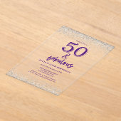 Silver Glitter Paarse 50e verjaardagsfeestje Acryl Uitnodigingen (Laagn)