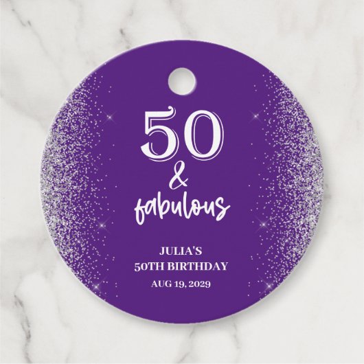Silver Glitter Paarse 50e verjaardagsfeestje Bedankjes Labels (Voorkant)