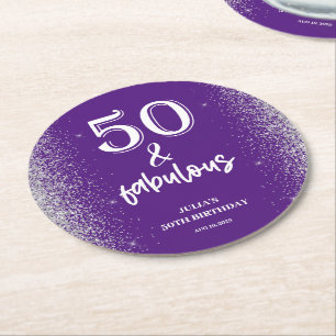 Silver Glitter Paarse 50e verjaardagsfeestje Ronde Kartonnen Onderzetter