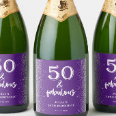 Silver Glitter Paarse 50e verjaardagsfeestje Sparkling Wijnetiket