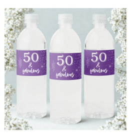 Silver Glitter Paarse 50e verjaardagsfeestje Waterfles Etiket
