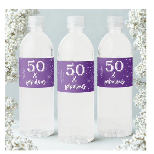 Silver Glitter Paarse 50e verjaardagsfeestje Waterfles Etiket