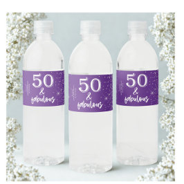 Silver Glitter Paarse 50e verjaardagsfeestje Waterfles Etiket
