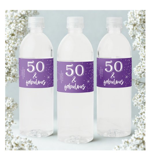 Silver Glitter Paarse 50e verjaardagsfeestje Waterfles Etiket
