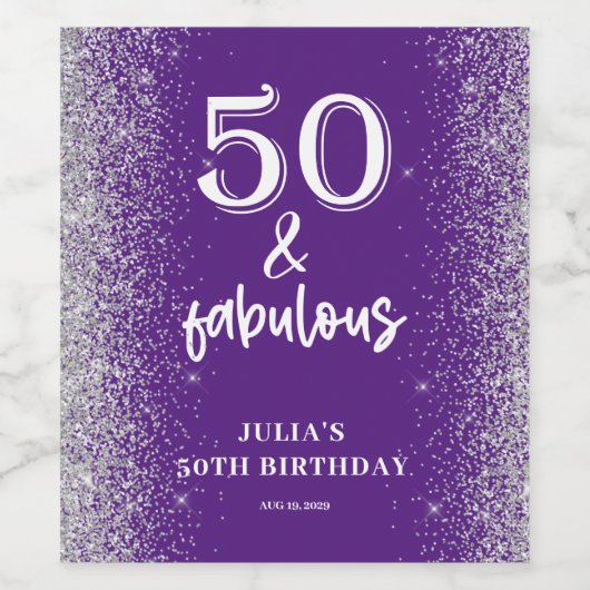 Silver Glitter Paarse 50e verjaardagsfeestje Wijn Etiket (Enkel label)