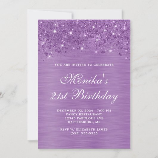 Silver Glitter Paarse Bold 21e Verjaardag Invitati Kaart (Voorkant)