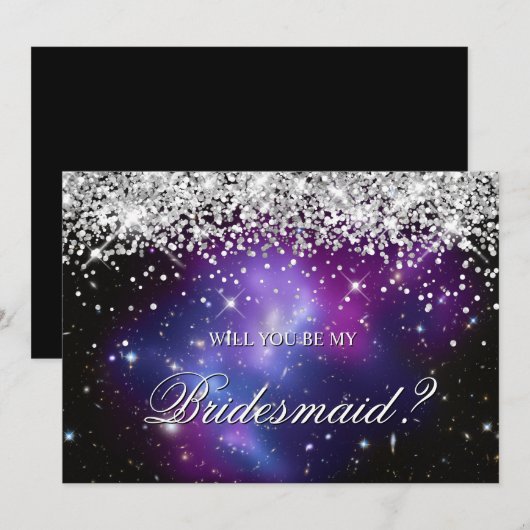 Silver Glitter Paarse Celestial Bridal Party Kaart (Voorkant / Achterkant)