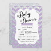 Silver Glitter & Paarse Chevron Baby shower Uitnod Kaart (Voorkant / Achterkant)
