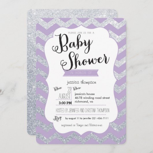 Silver Glitter & Paarse Chevron Baby shower Uitnod Kaart (Voorkant / Achterkant)
