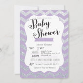 Silver Glitter & Paarse Chevron Baby shower Uitnod Kaart (Voorkant)