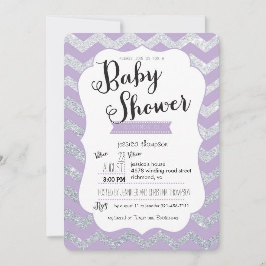 Silver Glitter & Paarse Chevron Baby shower Uitnod Kaart (Voorkant)