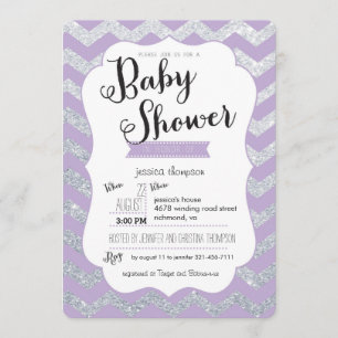 Silver Glitter & Paarse Chevron Baby shower Uitnod Kaart