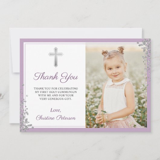 Silver Glitter Paarse Communie Hartelijk dank Bedankkaart (Voorkant)