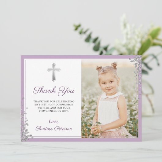 Silver Glitter Paarse Communie Hartelijk dank Bedankkaart (Staand voorkant)