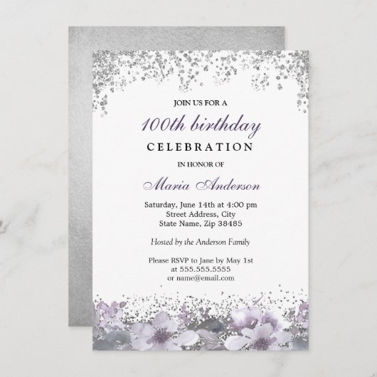 Silver Glitter Paarse Floral 100th Birthday Invite Kaart (Voorkant / Achterkant)