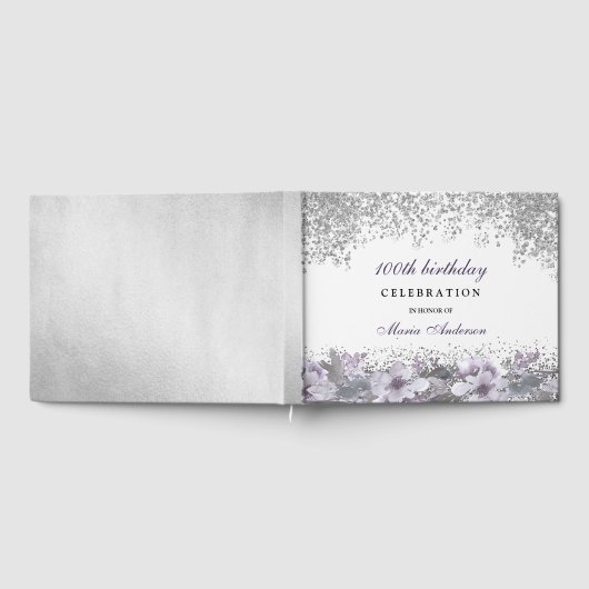 Silver Glitter Paarse Floral 100th Birthday Party Gastenboek (Volledig)