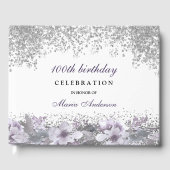 Silver Glitter Paarse Floral 100th Birthday Party Gastenboek (Voorkant)