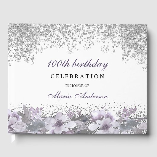 Silver Glitter Paarse Floral 100th Birthday Party Gastenboek (Voorkant)