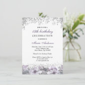 Silver Glitter Paarse Floral 13th Birthday Invite Kaart (Staand voorkant)