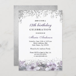 Silver Glitter Paarse Floral 13th Birthday Invite Kaart