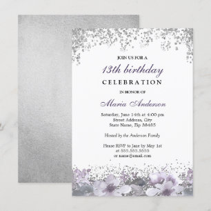 Silver Glitter Paarse Floral 13th Birthday Invite Kaart
