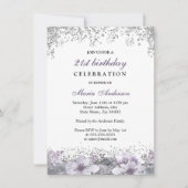 Silver Glitter Paarse Floral 21st Birthday Invite Kaart (Voorkant)
