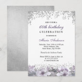 Silver Glitter Paarse Floral 60th Birthday Invite Kaart (Voorkant / Achterkant)