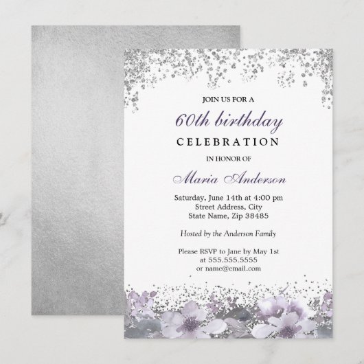 Silver Glitter Paarse Floral 60th Birthday Invite Kaart (Voorkant / Achterkant)
