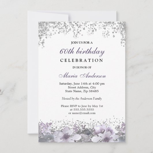Silver Glitter Paarse Floral 60th Birthday Invite Kaart (Voorkant)