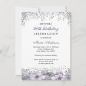 Silver Glitter Paarse Floral 90th Birthday Invite Kaart (Voorkant)