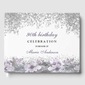 Silver Glitter Paarse Floral 90th Birthday Party Gastenboek (Voorkant)