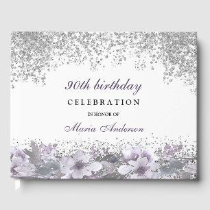 Silver Glitter Paarse Floral 90th Birthday Party Gastenboek