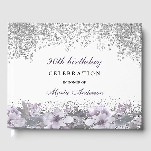 Silver Glitter Paarse Floral 90th Birthday Party Gastenboek (Voorkant)