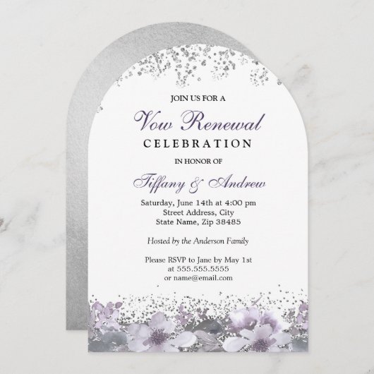 Silver Glitter Paarse Floral Vow Vernieuwingsboog Kaart (Voorkant / Achterkant)