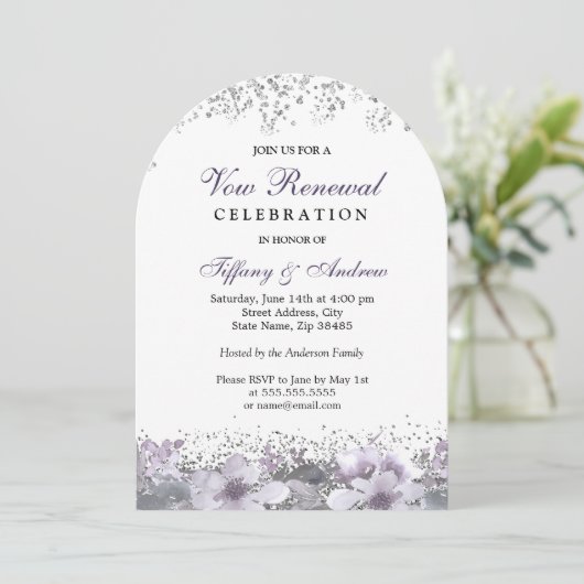 Silver Glitter Paarse Floral Vow Vernieuwingsboog Kaart (Staand voorkant)