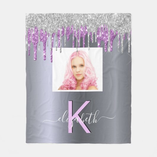 Silver glitter paarse fotomonogram fleece deken (Voorkant)